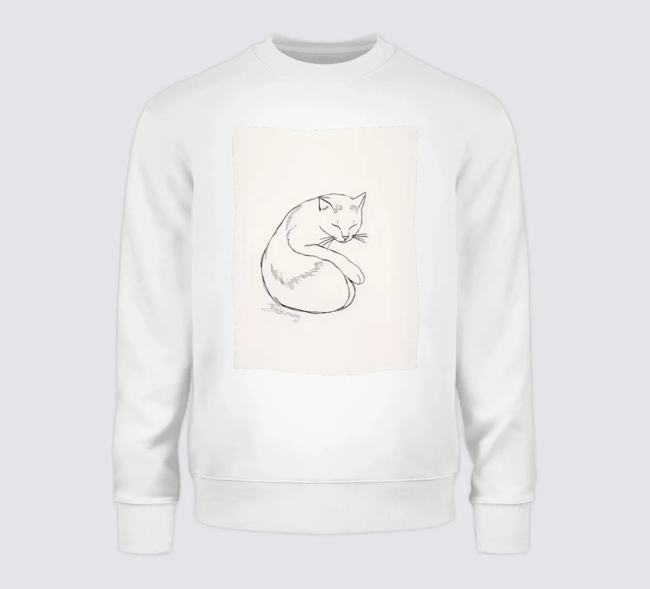 Line drawing of a resting cat with a minimalist design sweatshirt by DesignDoodle