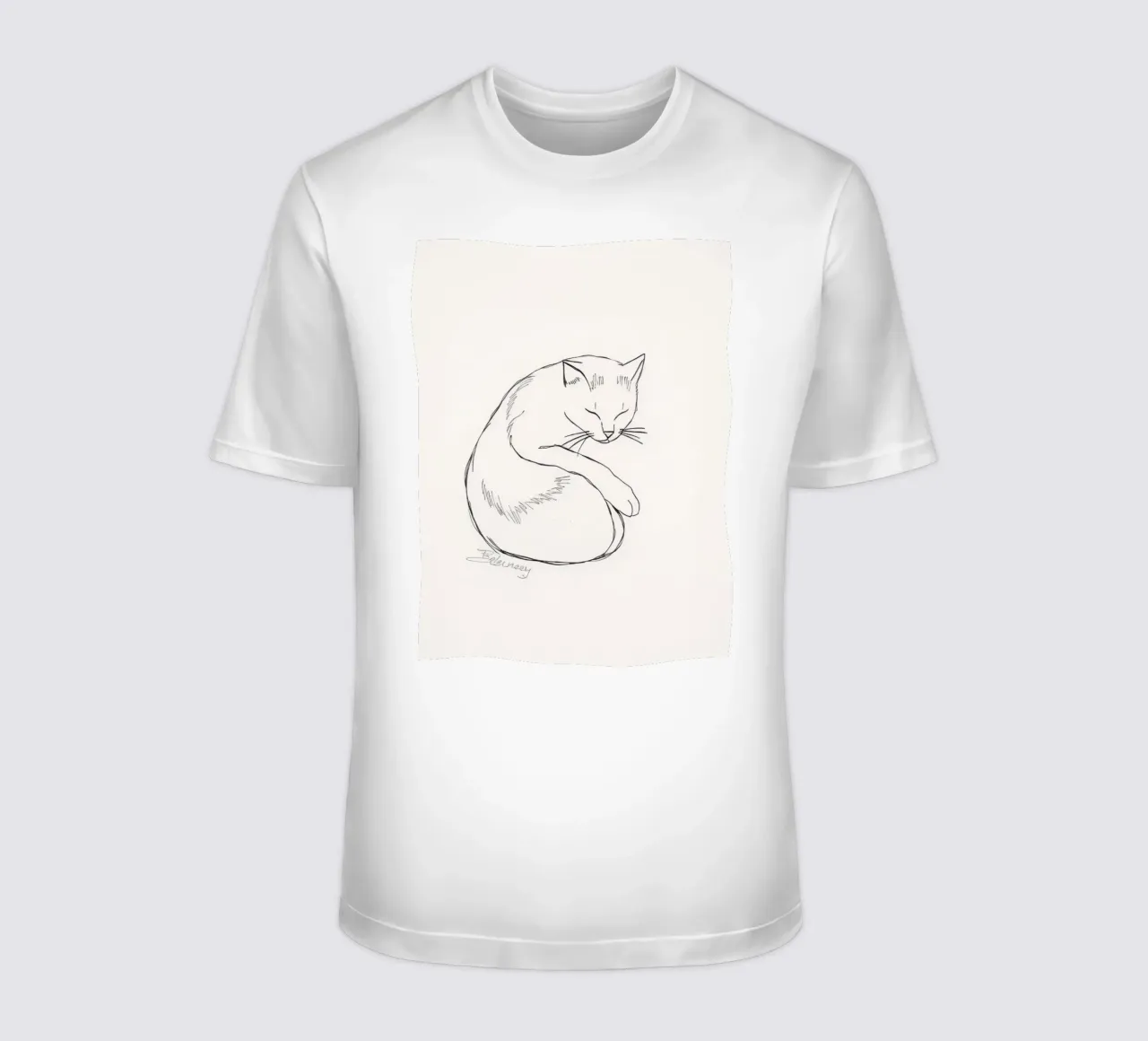 Line drawing of a resting cat with a minimalist design t-shirt by DesignDoodle