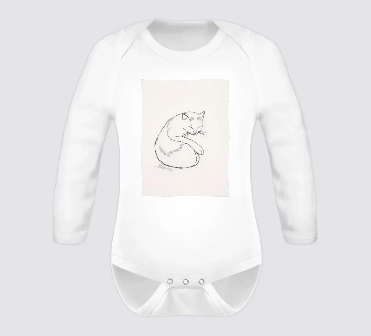 Line drawing of a resting cat with a minimalist design long-sleeve baby romper by DesignDoodle