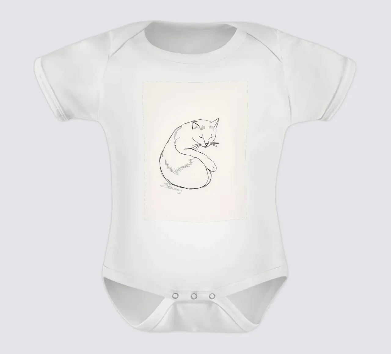 Line drawing of a resting cat with a minimalist design short-sleeve baby romper by DesignDoodle