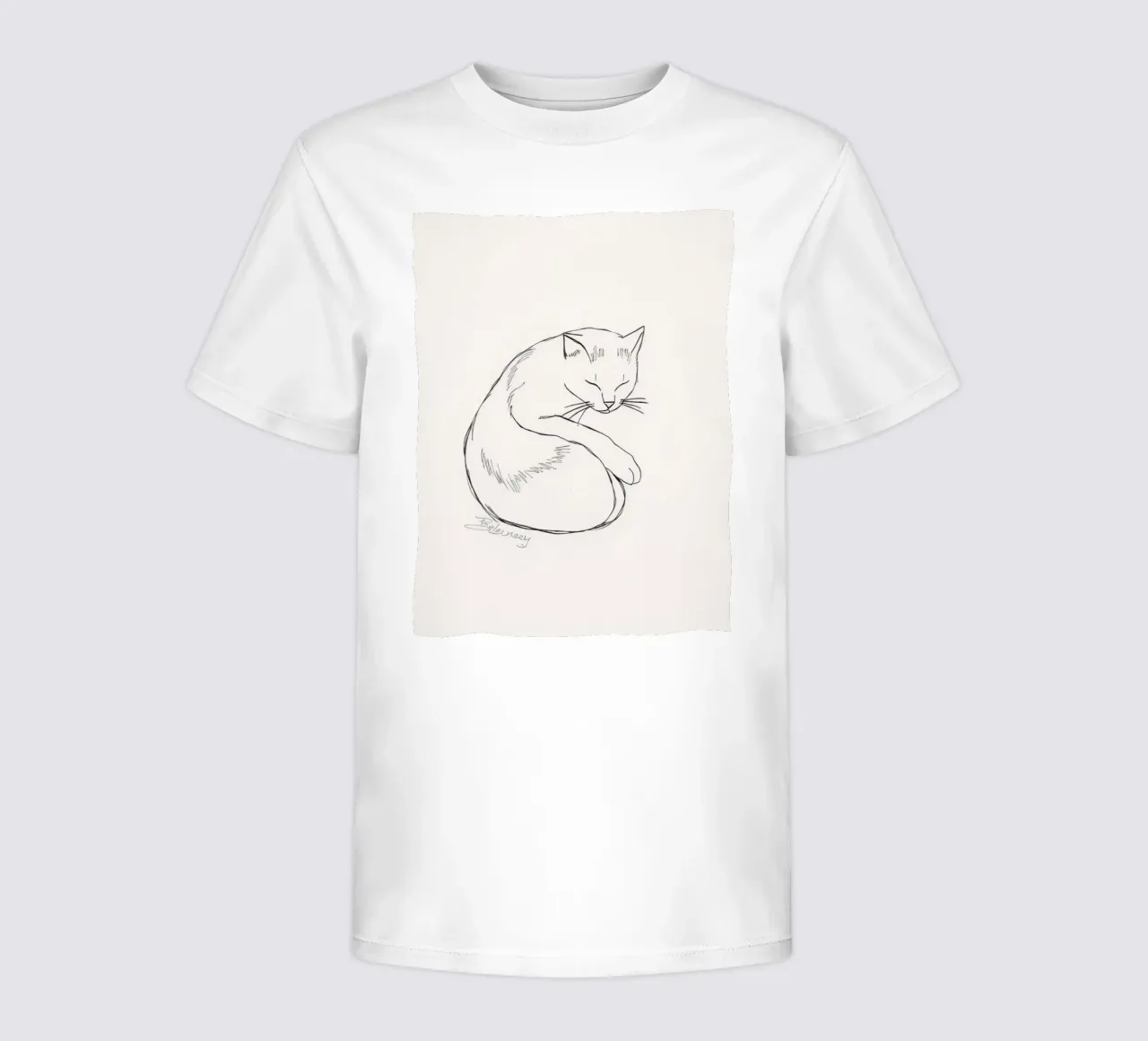 Line drawing of a resting cat with a minimalist design kids t-shirt by DesignDoodle