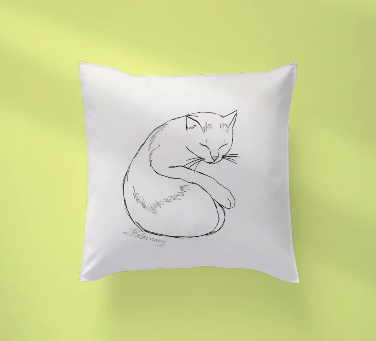 Line drawing of a resting cat with a minimalist design decorative cushion by DesignDoodle