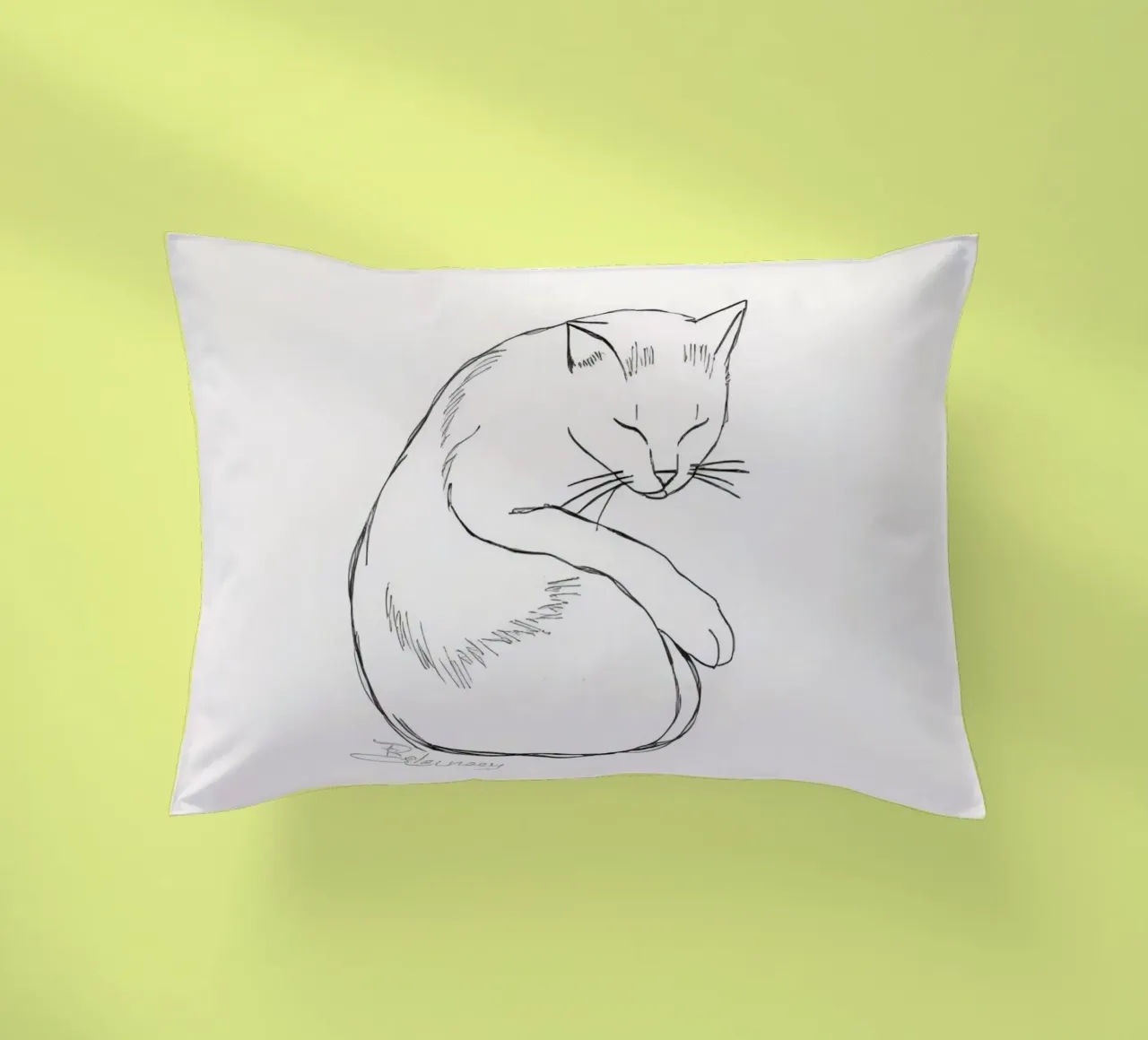Line drawing of a resting cat with a minimalist design decorative cushion by DesignDoodle