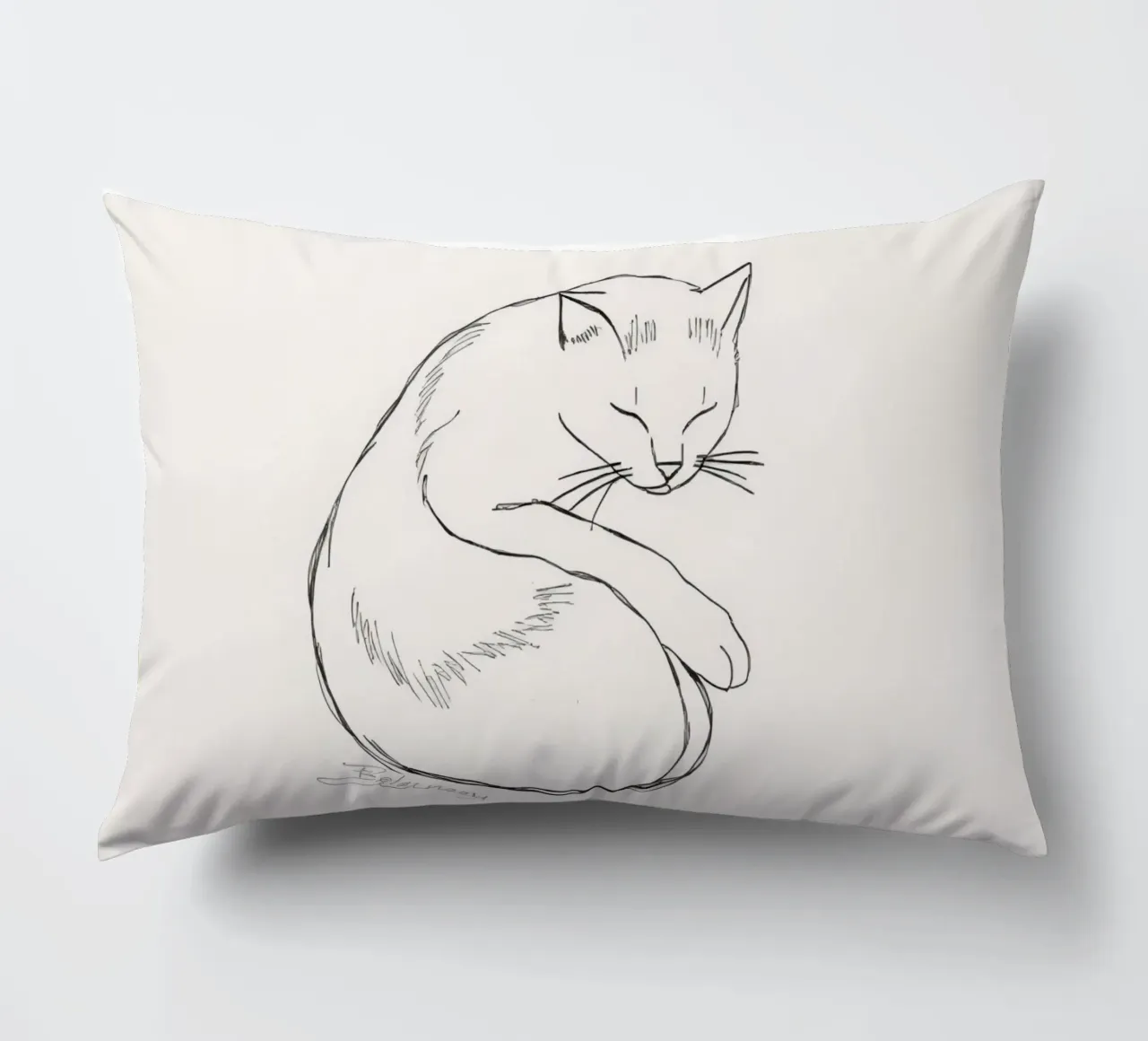 Line drawing of a resting cat with a minimalist design decorative cushion by DesignDoodle