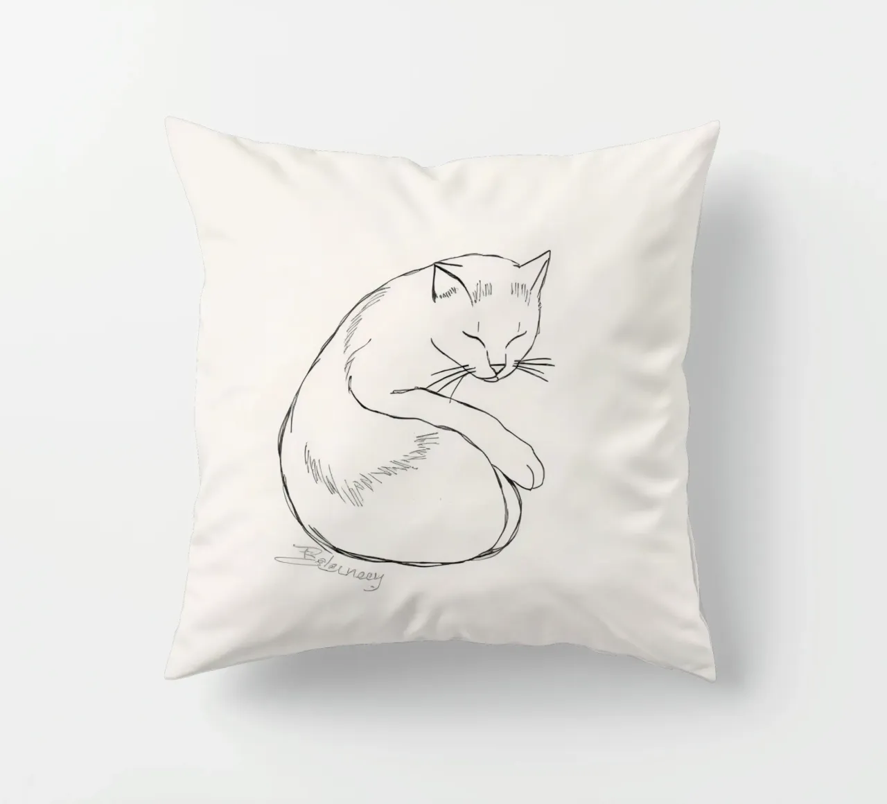 Line drawing of a resting cat with a minimalist design decorative cushion by DesignDoodle