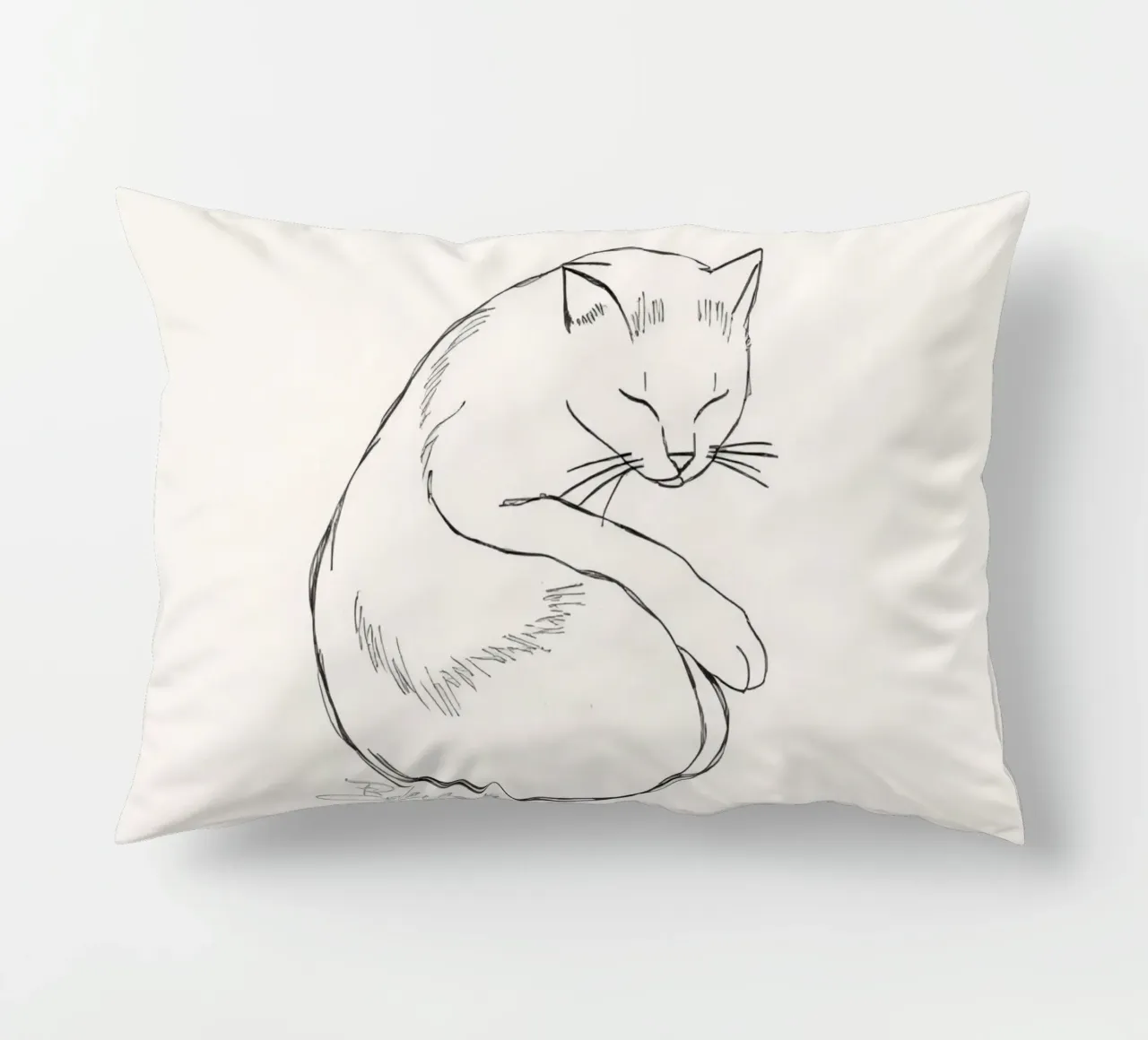 Line drawing of a resting cat with a minimalist design decorative cushion by DesignDoodle