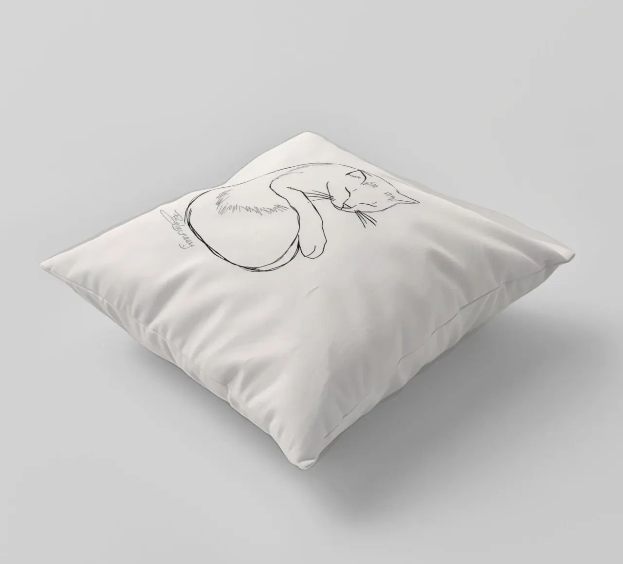 Line drawing of a resting cat with a minimalist design decorative cushion by DesignDoodle