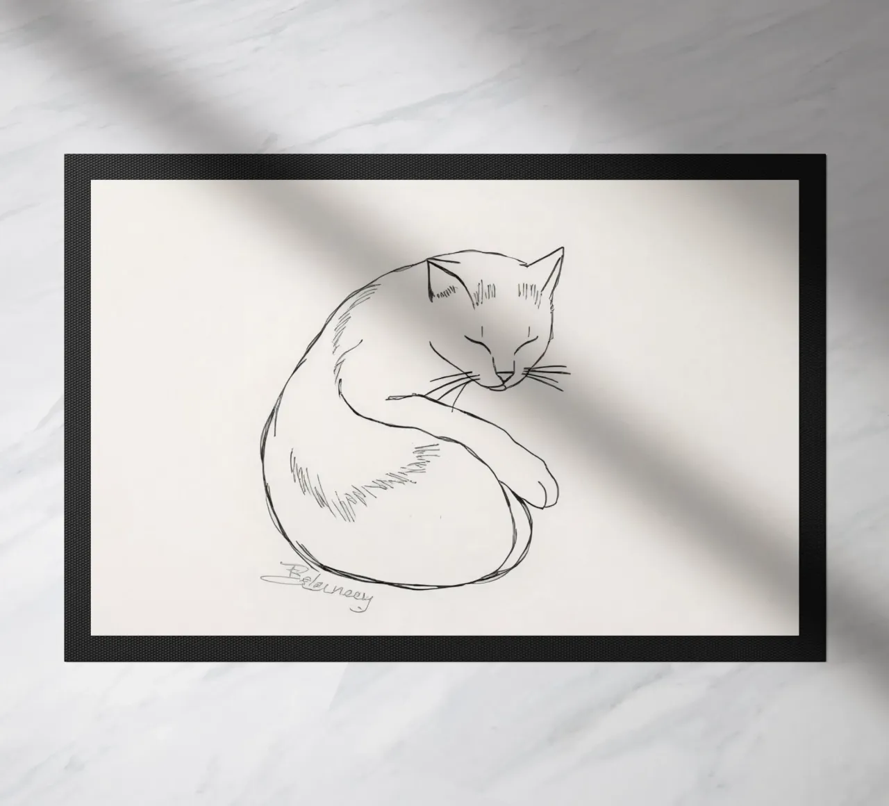 Line drawing of a resting cat with a minimalist design doormat by DesignDoodle