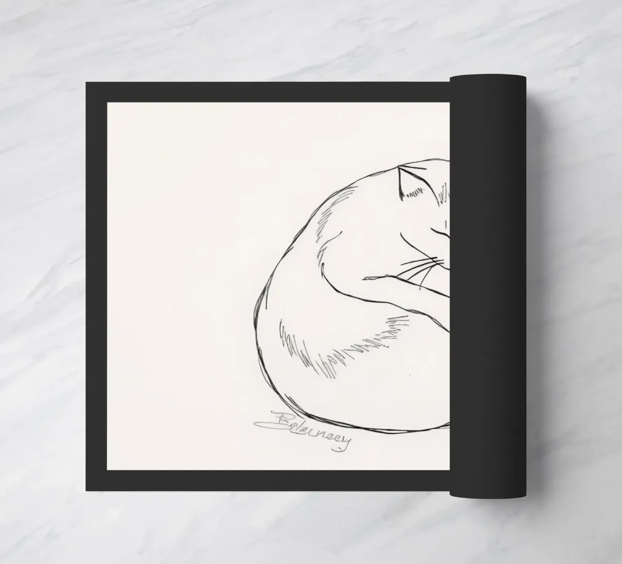 Line drawing of a resting cat with a minimalist design doormat by DesignDoodle