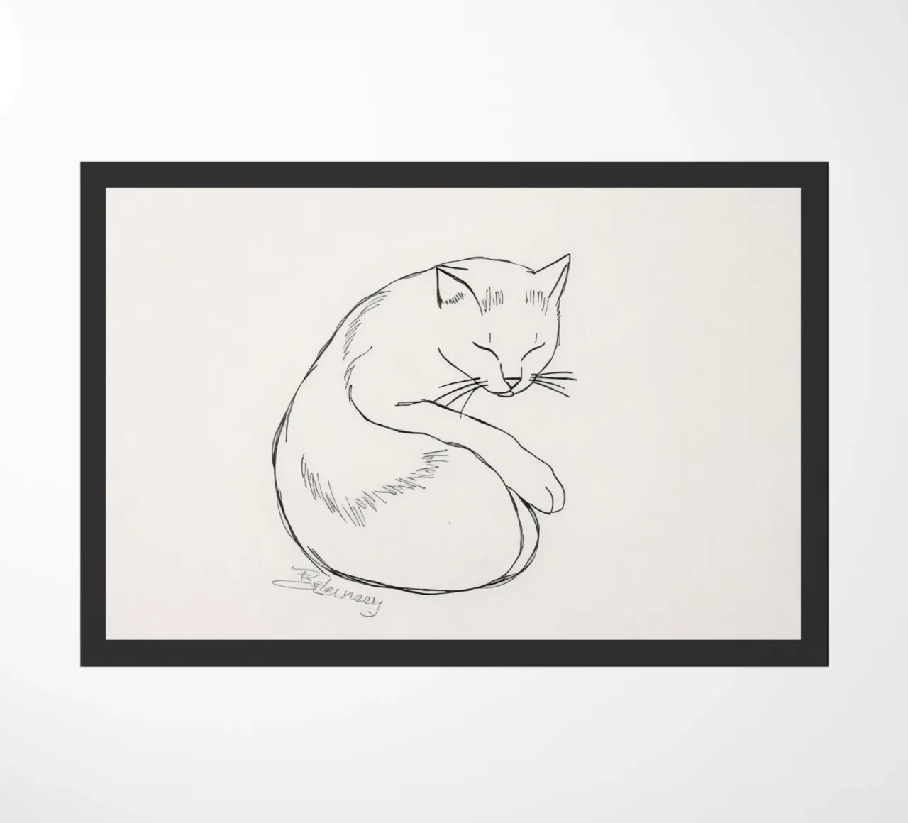 Line drawing of a resting cat with a minimalist design doormat by DesignDoodle