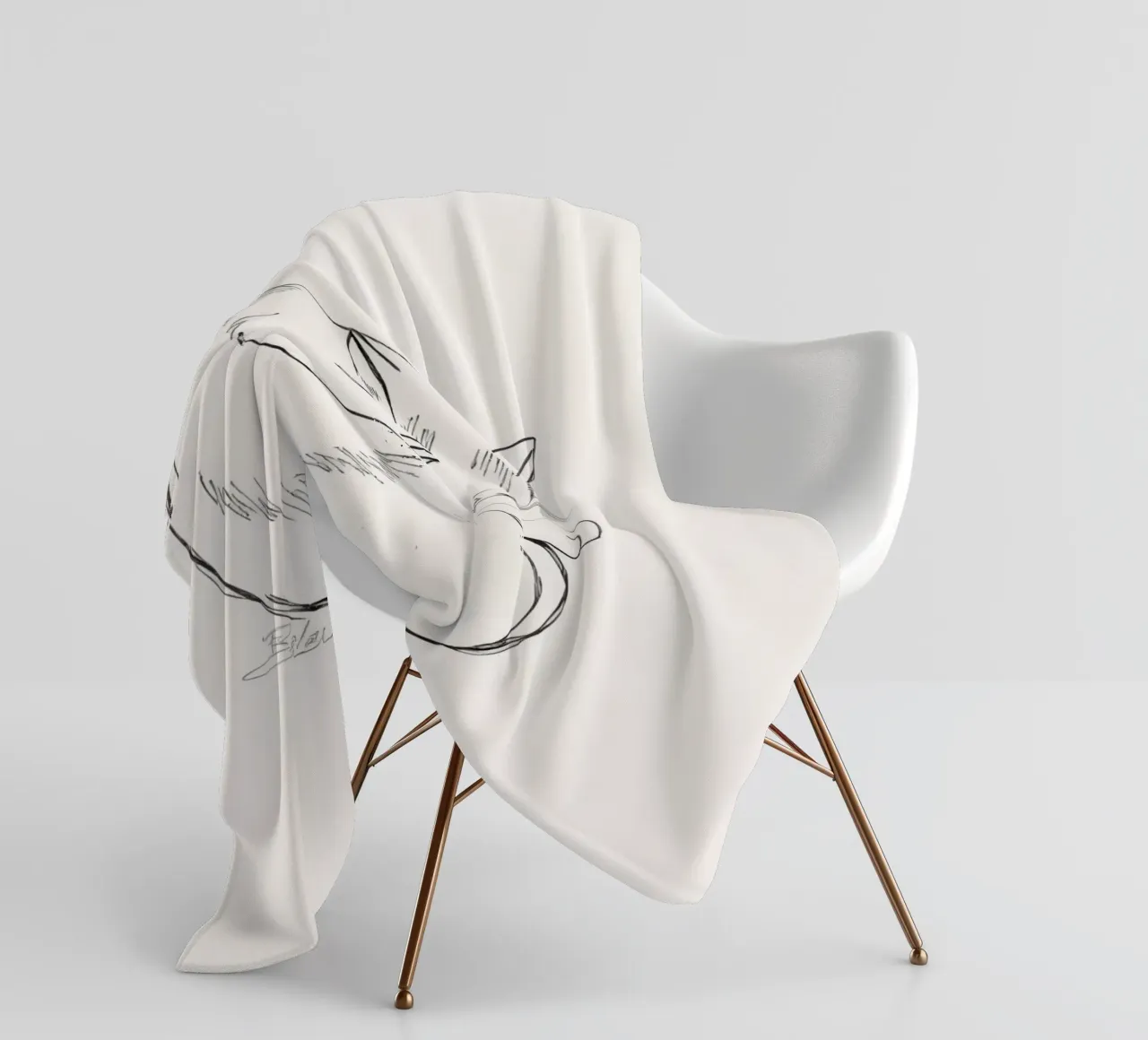 Line drawing of a resting cat with a minimalist design fleece blanket by DesignDoodle