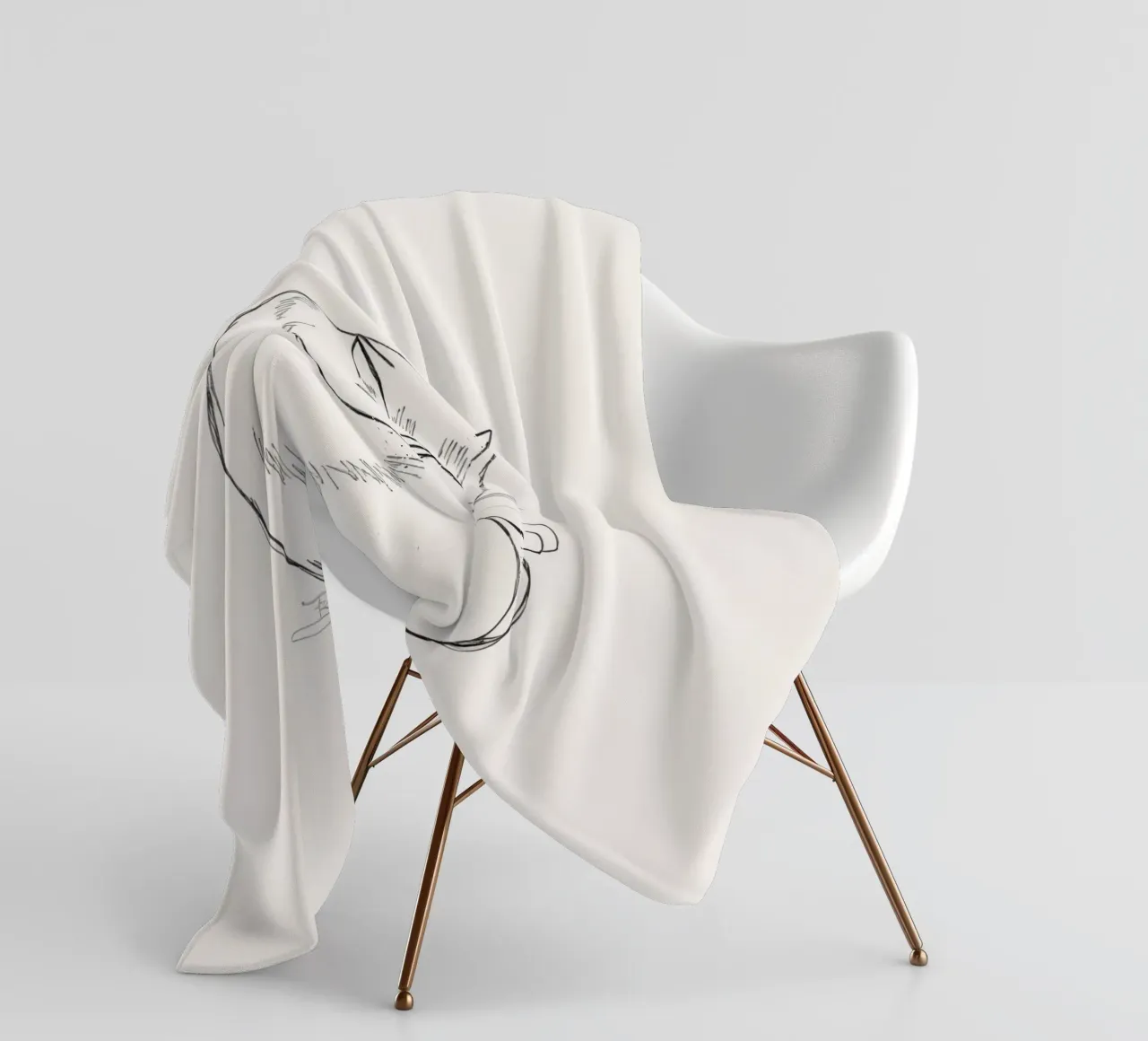 Line drawing of a resting cat with a minimalist design fleece blanket by DesignDoodle