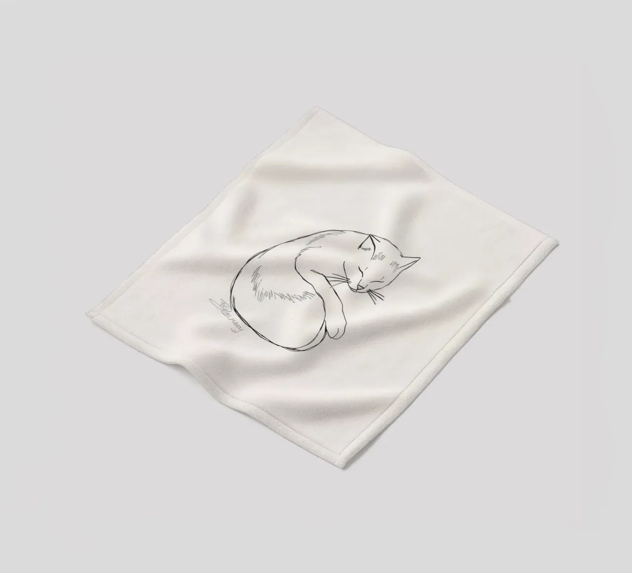 Line drawing of a resting cat with a minimalist design fleece blanket by DesignDoodle