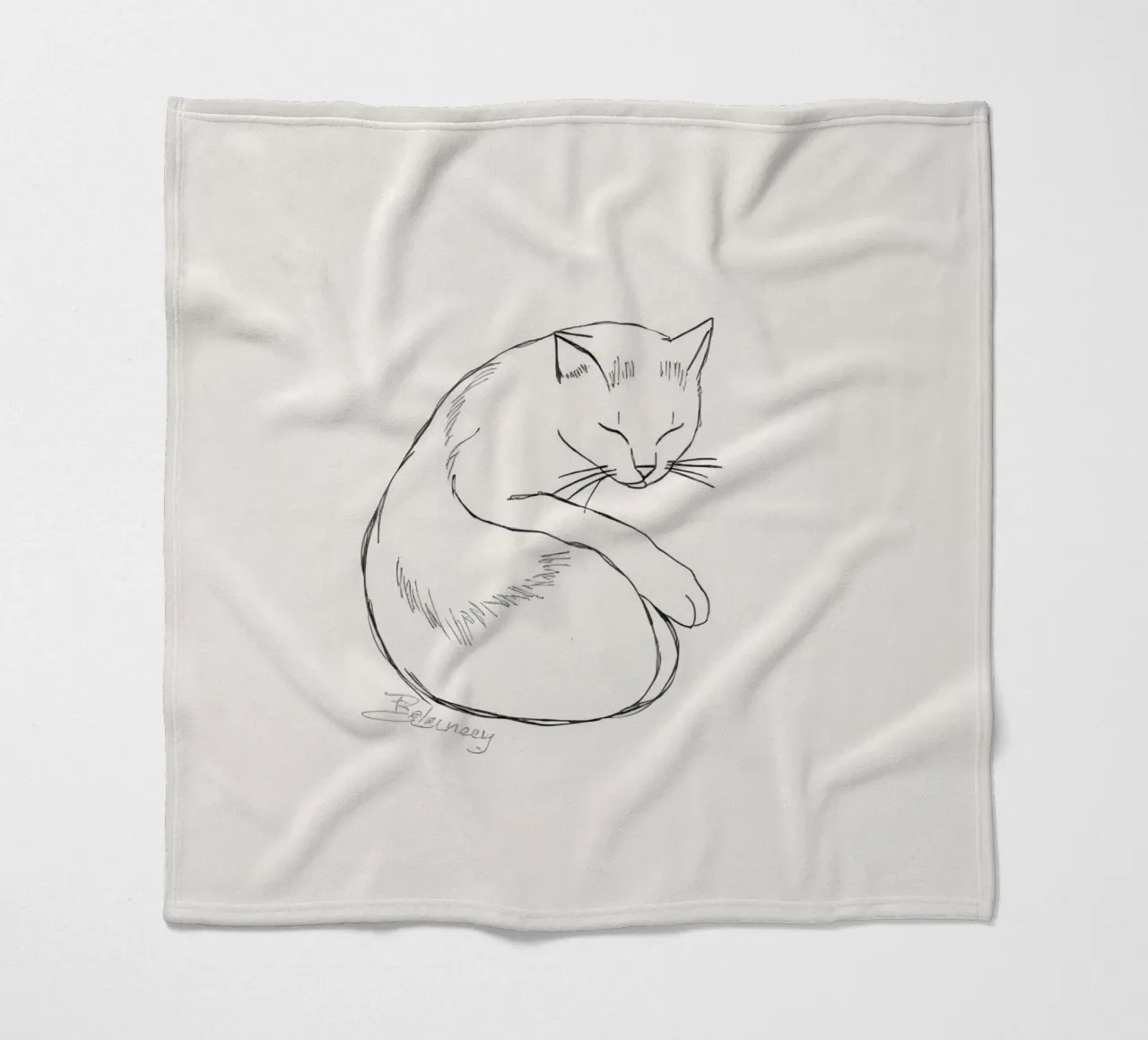 Line drawing of a resting cat with a minimalist design fleece blanket by DesignDoodle