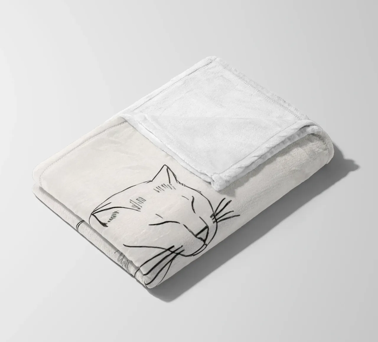 Line drawing of a resting cat with a minimalist design fleece blanket by DesignDoodle
