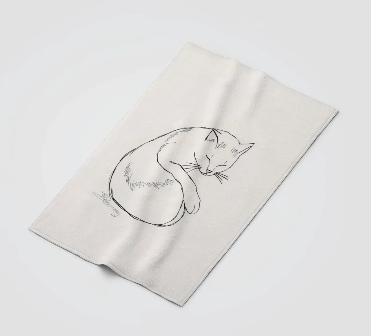 Line drawing of a resting cat with a minimalist design fleece blanket by DesignDoodle