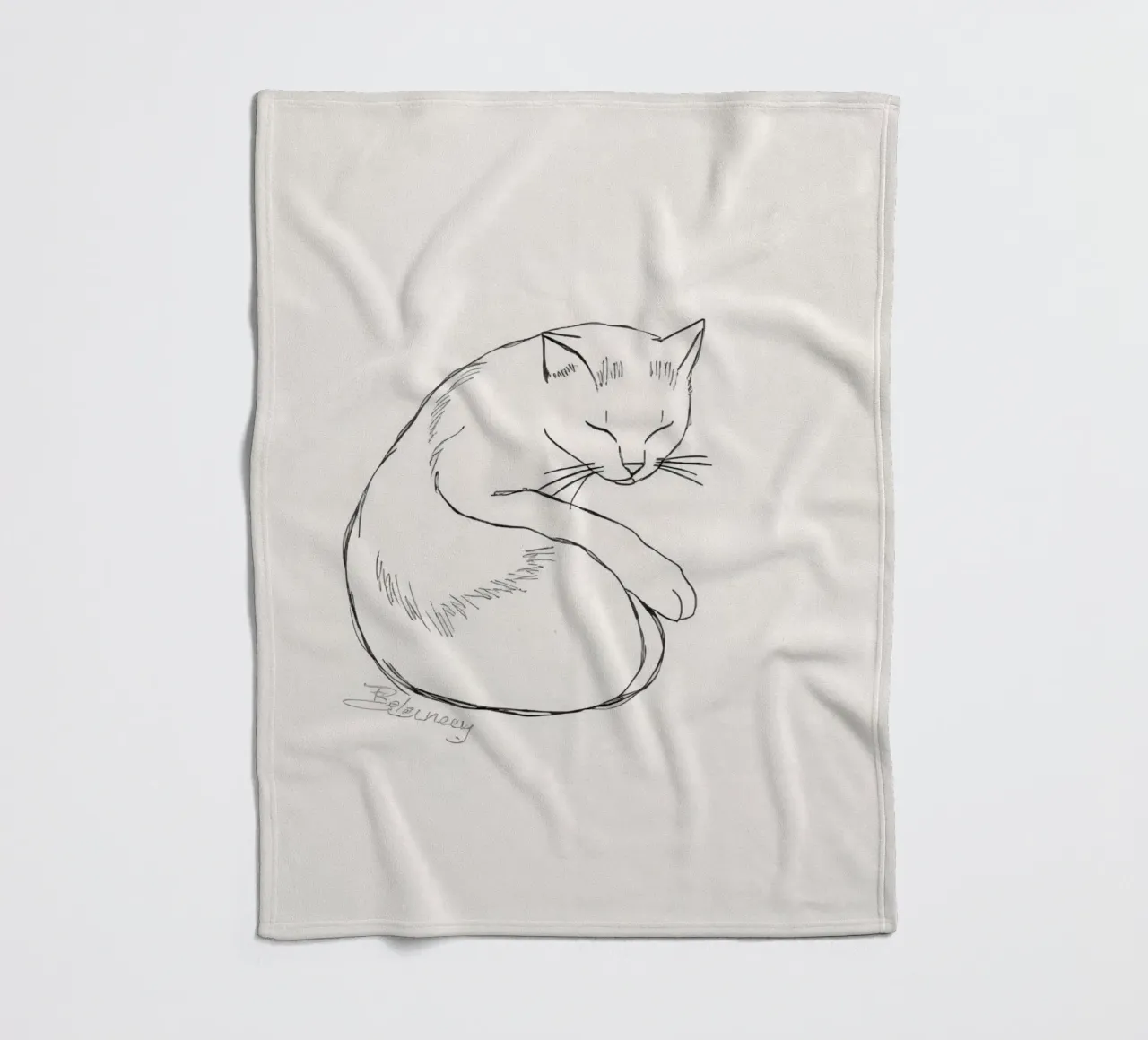 Line drawing of a resting cat with a minimalist design fleece blanket by DesignDoodle