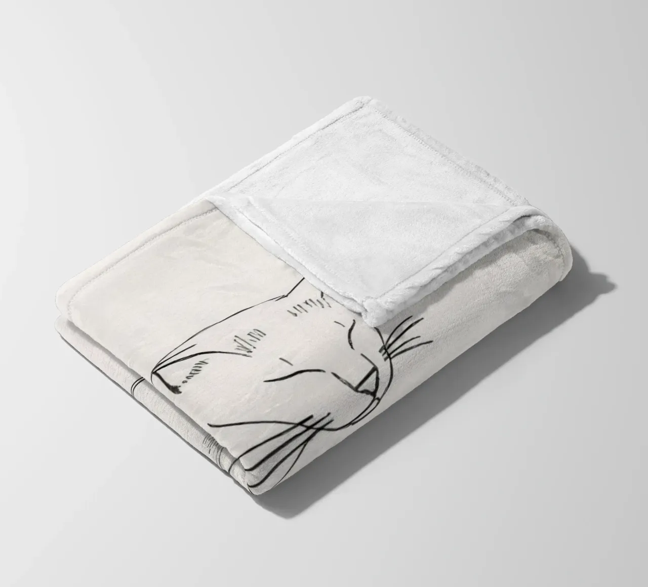 Line drawing of a resting cat with a minimalist design fleece blanket by DesignDoodle