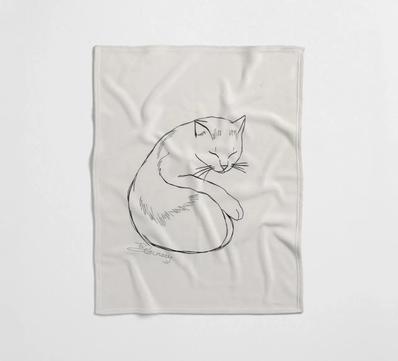 Line drawing of a resting cat with a minimalist design fleece blanket by DesignDoodle