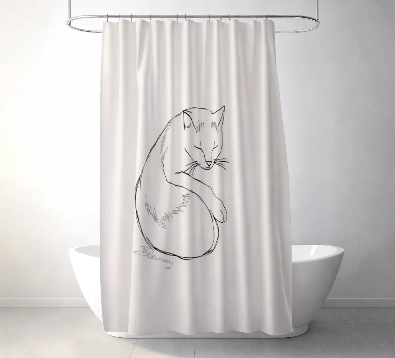 Line drawing of a resting cat with a minimalist design shower curtain by DesignDoodle