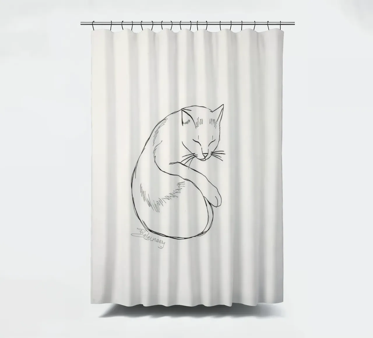 Line drawing of a resting cat with a minimalist design shower curtain by DesignDoodle