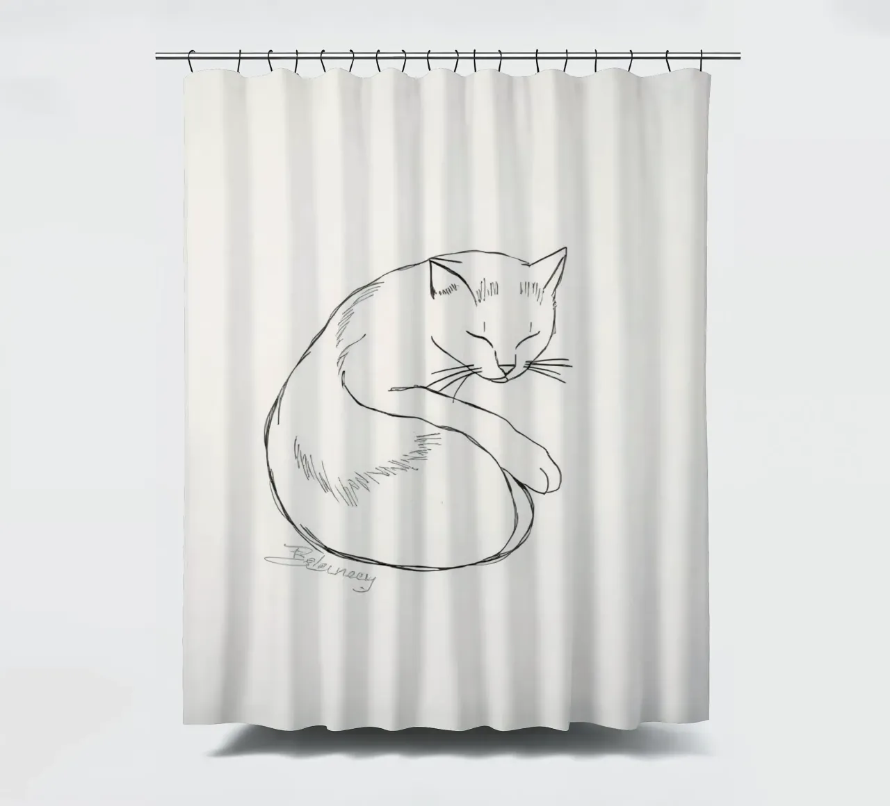 Line drawing of a resting cat with a minimalist design shower curtain by DesignDoodle
