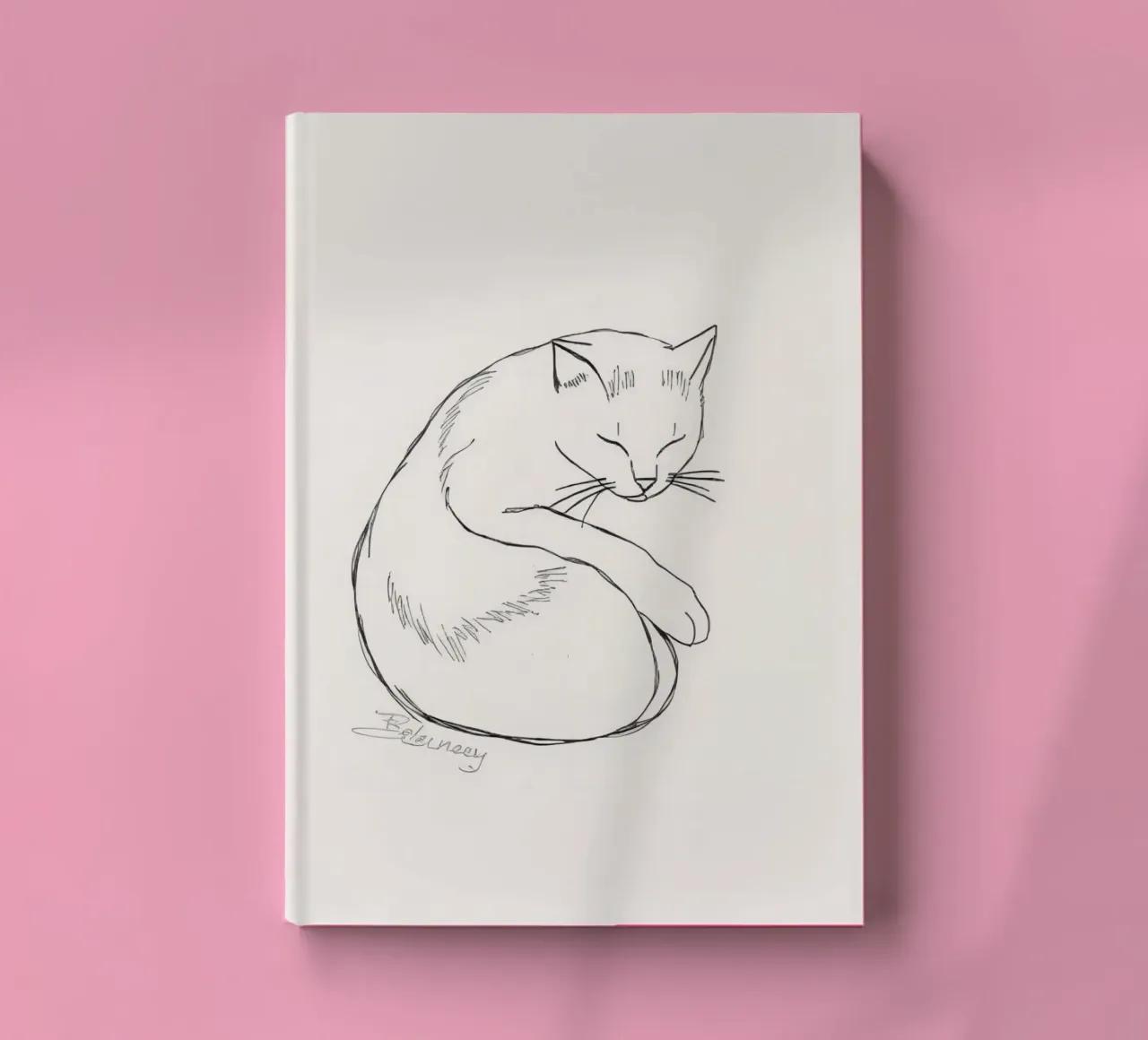 Dessin au trait d'un chat au repos avec un design minimaliste carnet de notes de DesignDoodle