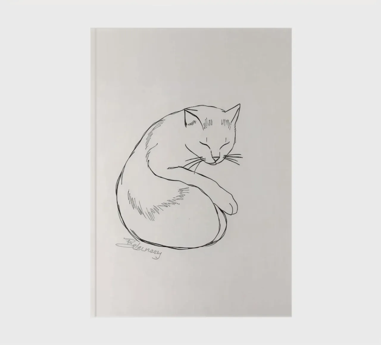 Dessin au trait d'un chat au repos avec un design minimaliste carnet de notes de DesignDoodle