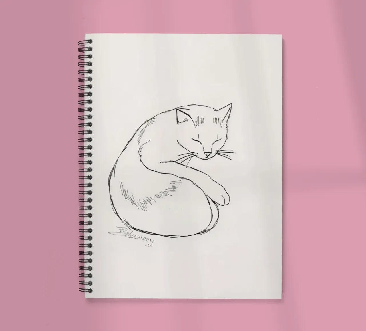 Line drawing of a resting cat with a minimalist design spiral notebook by DesignDoodle