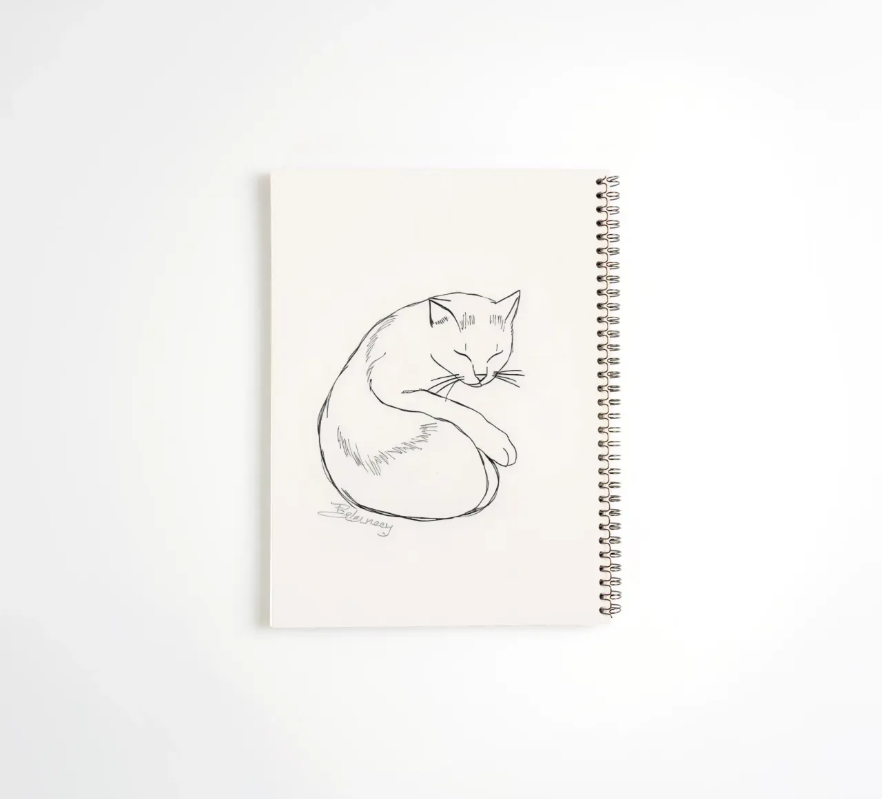 Line drawing of a resting cat with a minimalist design spiral notebook by DesignDoodle
