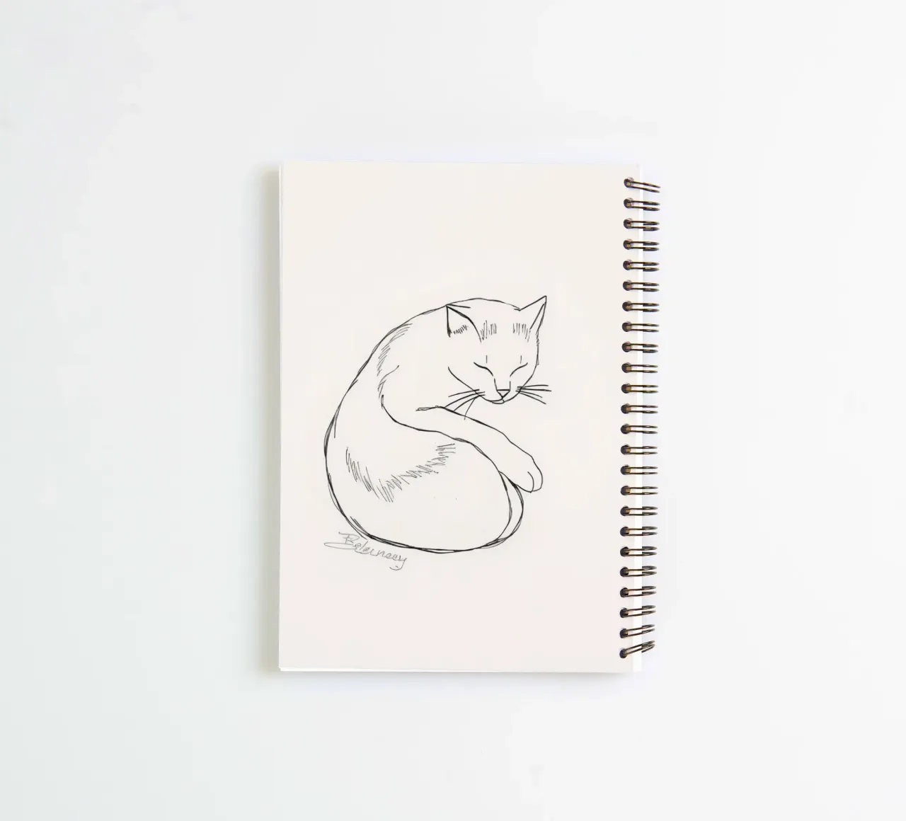 Line drawing of a resting cat with a minimalist design spiral notebook by DesignDoodle