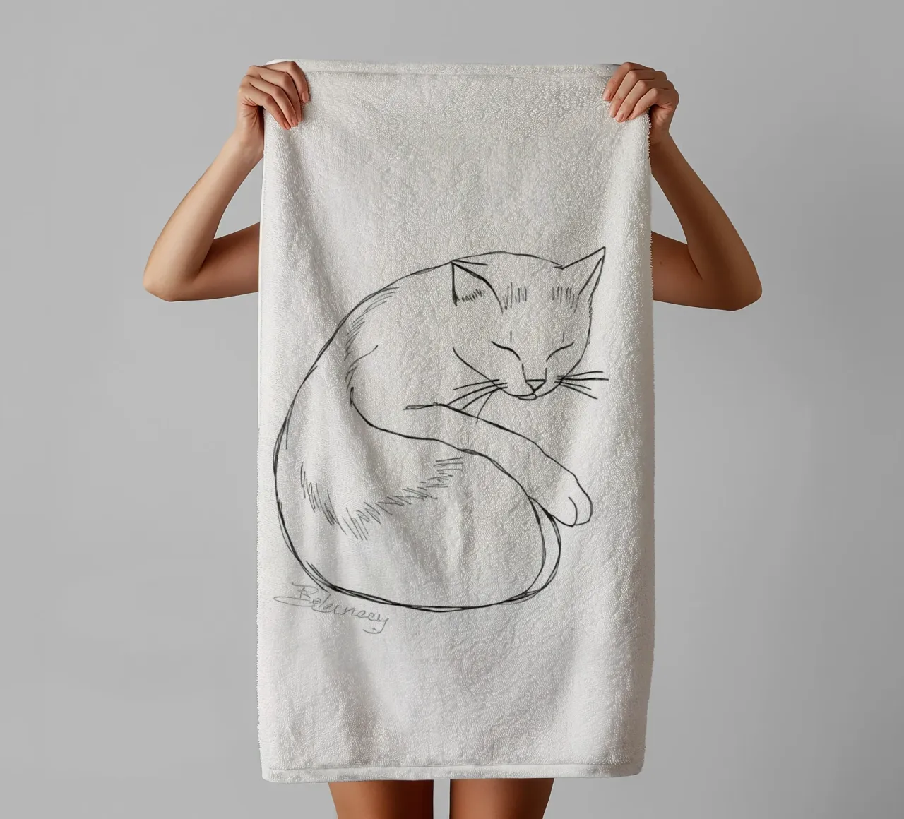 Line drawing of a resting cat with a minimalist design towel by DesignDoodle