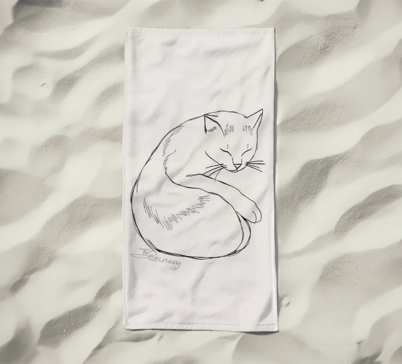Line drawing of a resting cat with a minimalist design beach towel by DesignDoodle