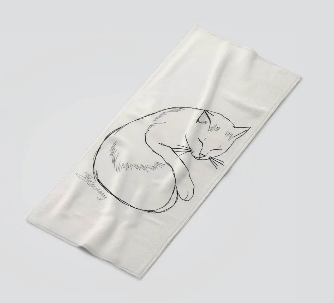 Line drawing of a resting cat with a minimalist design beach towel by DesignDoodle