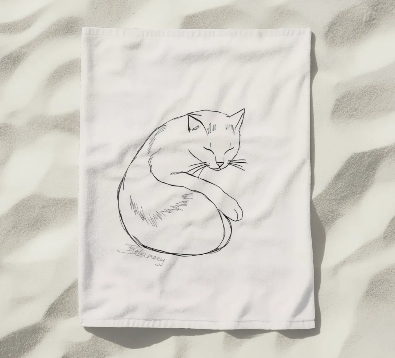 Line drawing of a resting cat with a minimalist design beach towel by DesignDoodle
