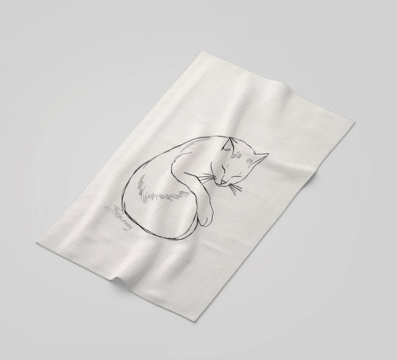 Line drawing of a resting cat with a minimalist design beach towel by DesignDoodle