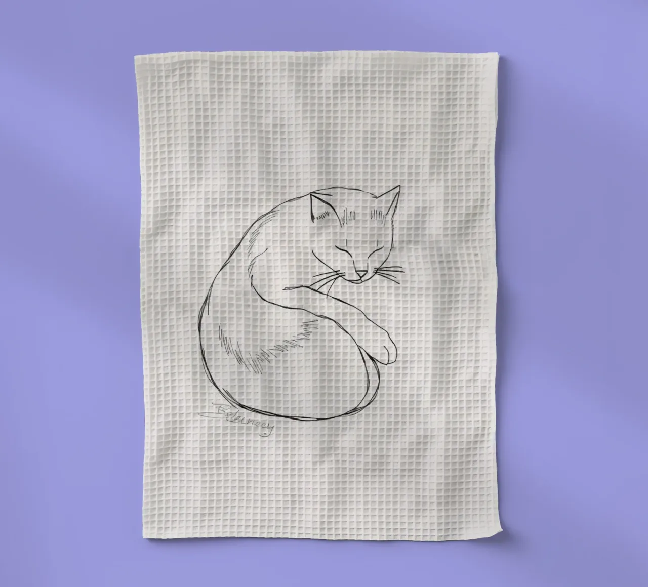 Line drawing of a resting cat with a minimalist design tea towel by DesignDoodle