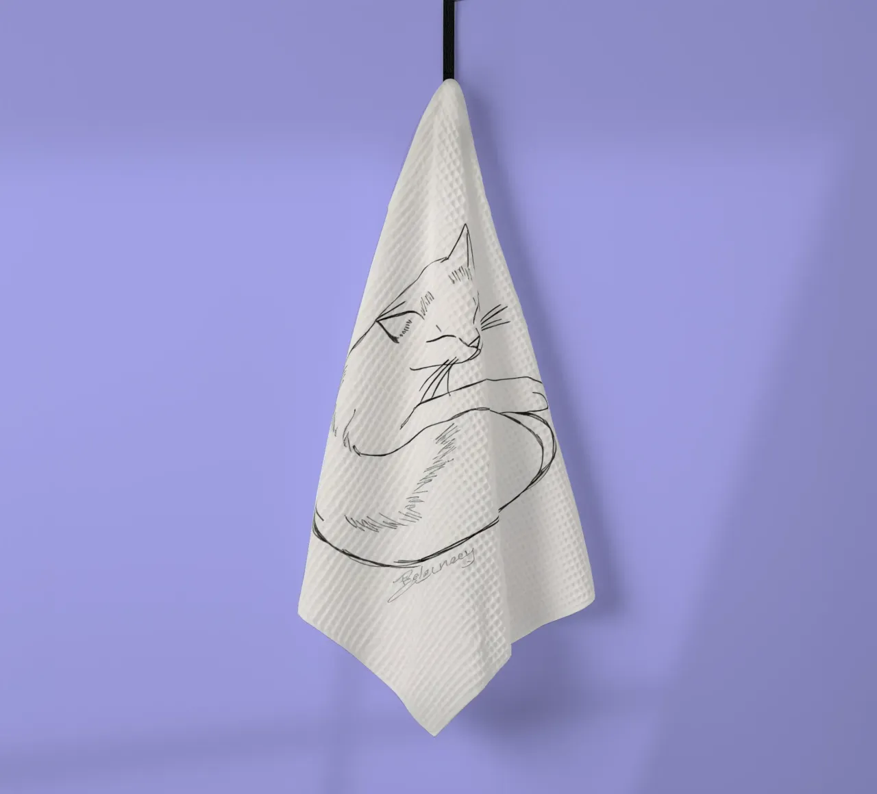 Line drawing of a resting cat with a minimalist design tea towel by DesignDoodle