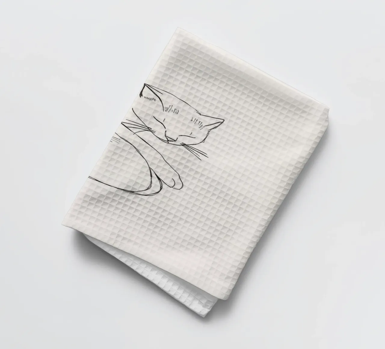 Line drawing of a resting cat with a minimalist design tea towel by DesignDoodle