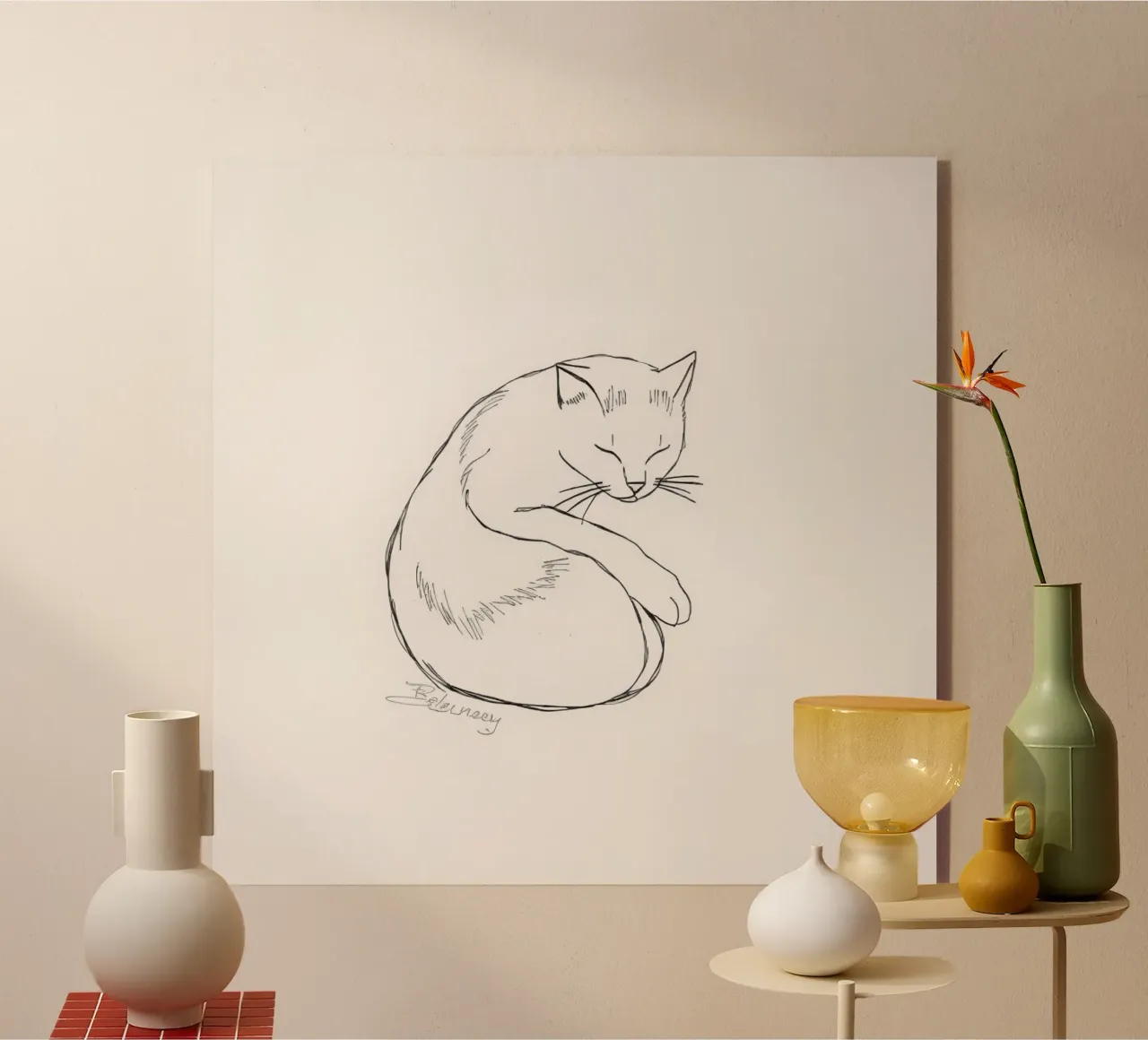 Disegno lineare di un gatto che riposa con un design minimalista plexiglass da DesignDoodle
