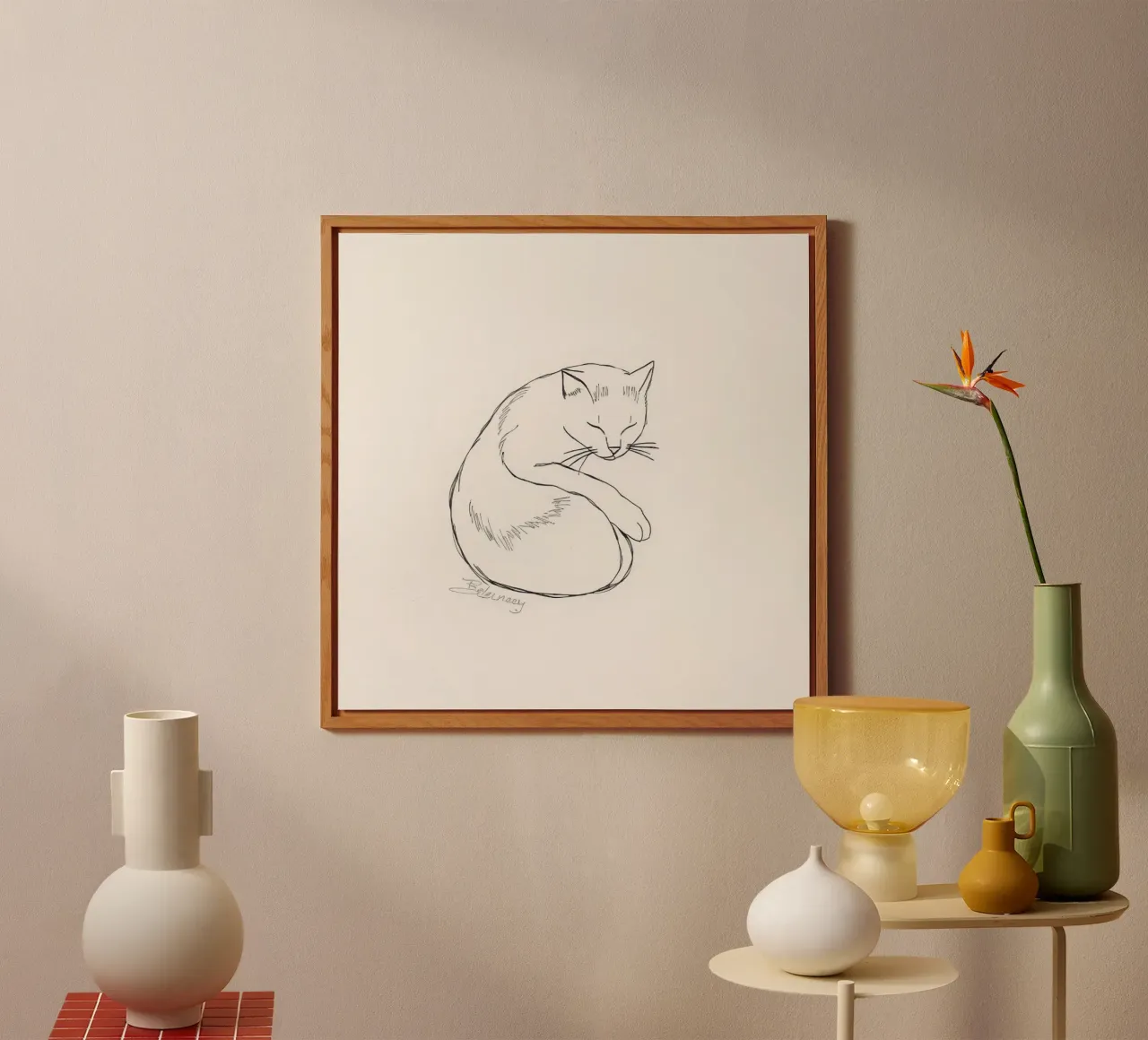 Line drawing of a resting cat with a minimalist design alu-dibond by DesignDoodle