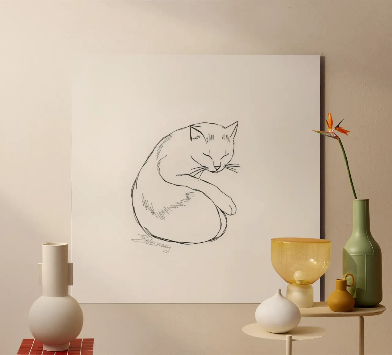 Line drawing of a resting cat with a minimalist design alu-dibond by DesignDoodle