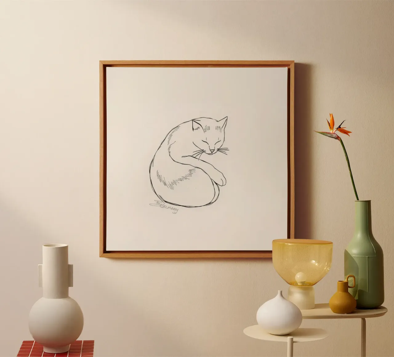 Line drawing of a resting cat with a minimalist design canvas by DesignDoodle