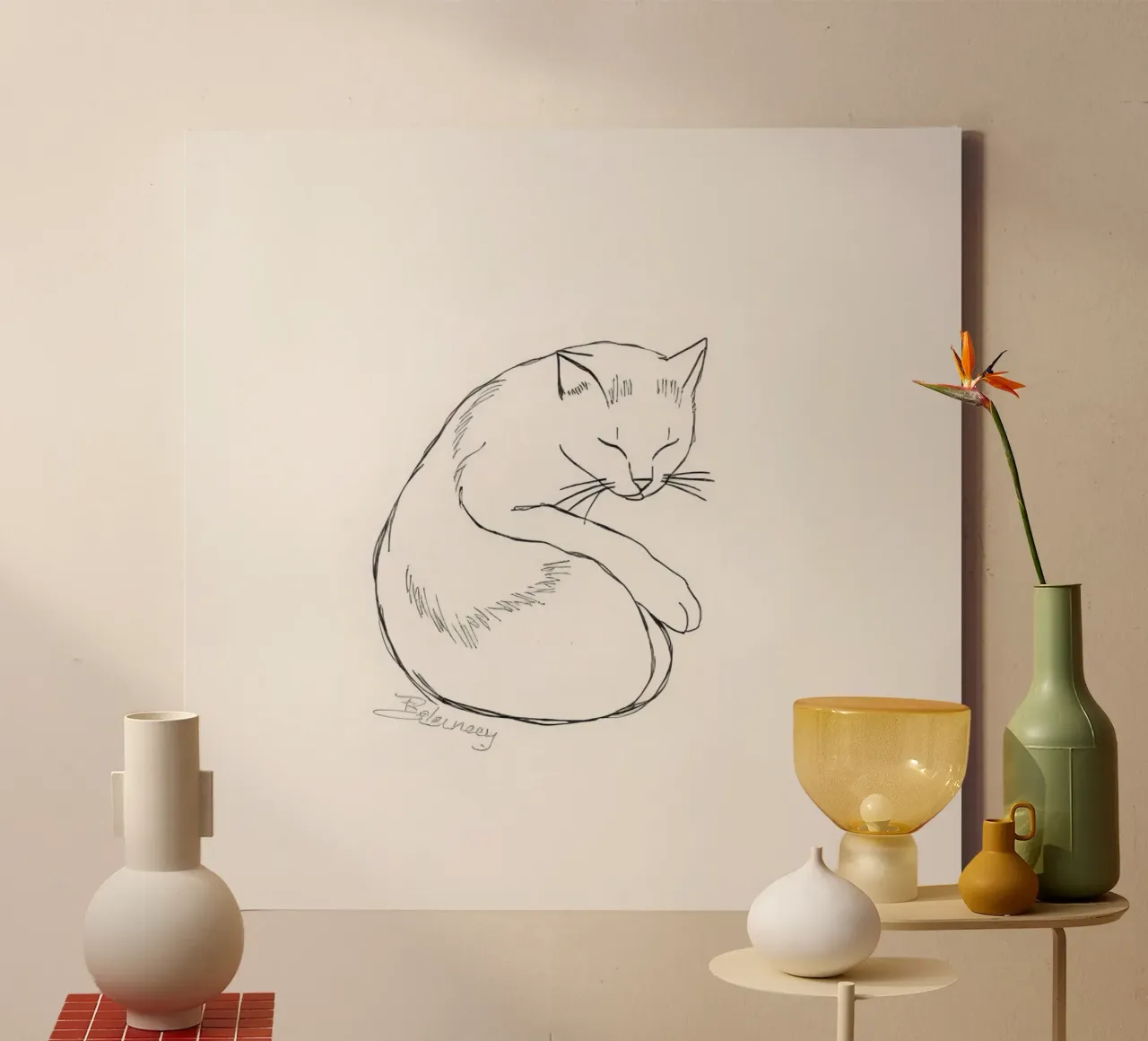 Line drawing of a resting cat with a minimalist design canvas by DesignDoodle