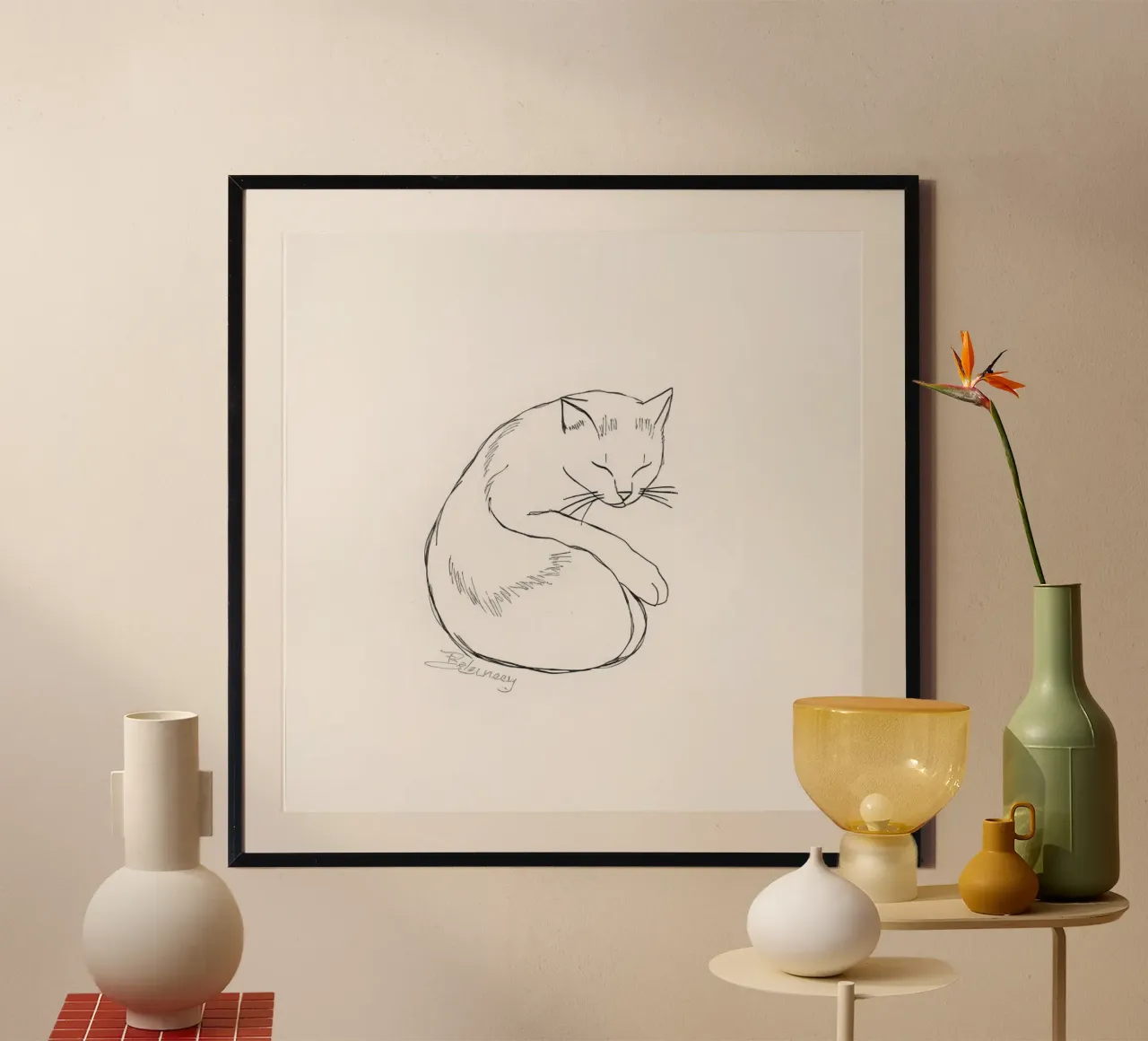 Line drawing of a resting cat with a minimalist design hahnemühle by DesignDoodle