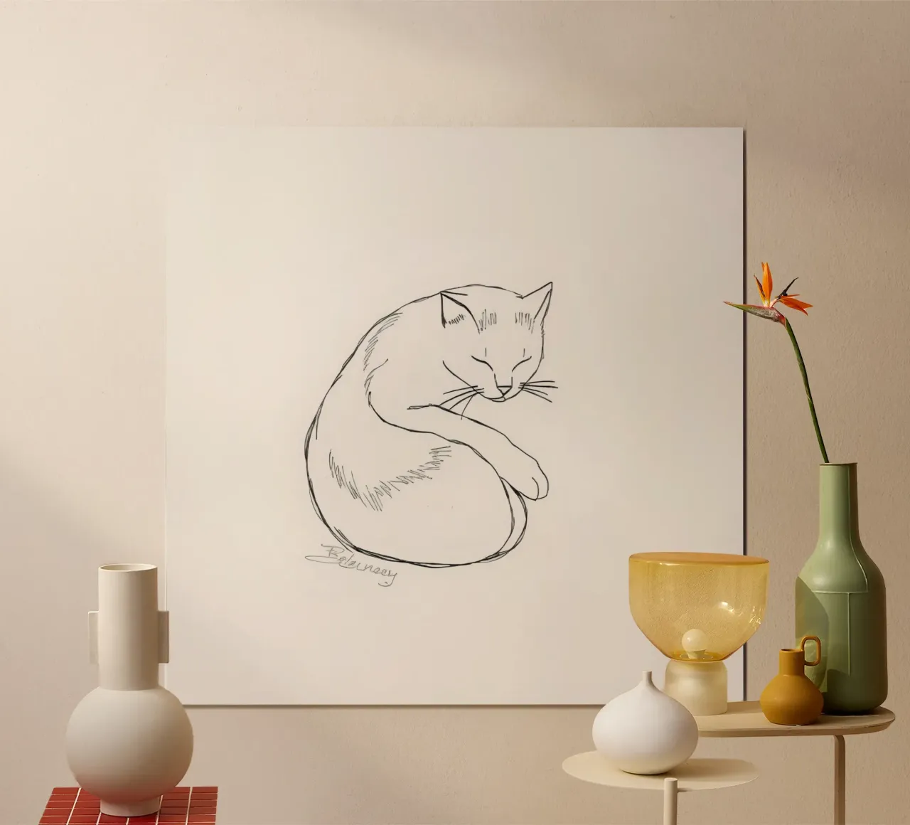 Line drawing of a resting cat with a minimalist design hahnemühle by DesignDoodle