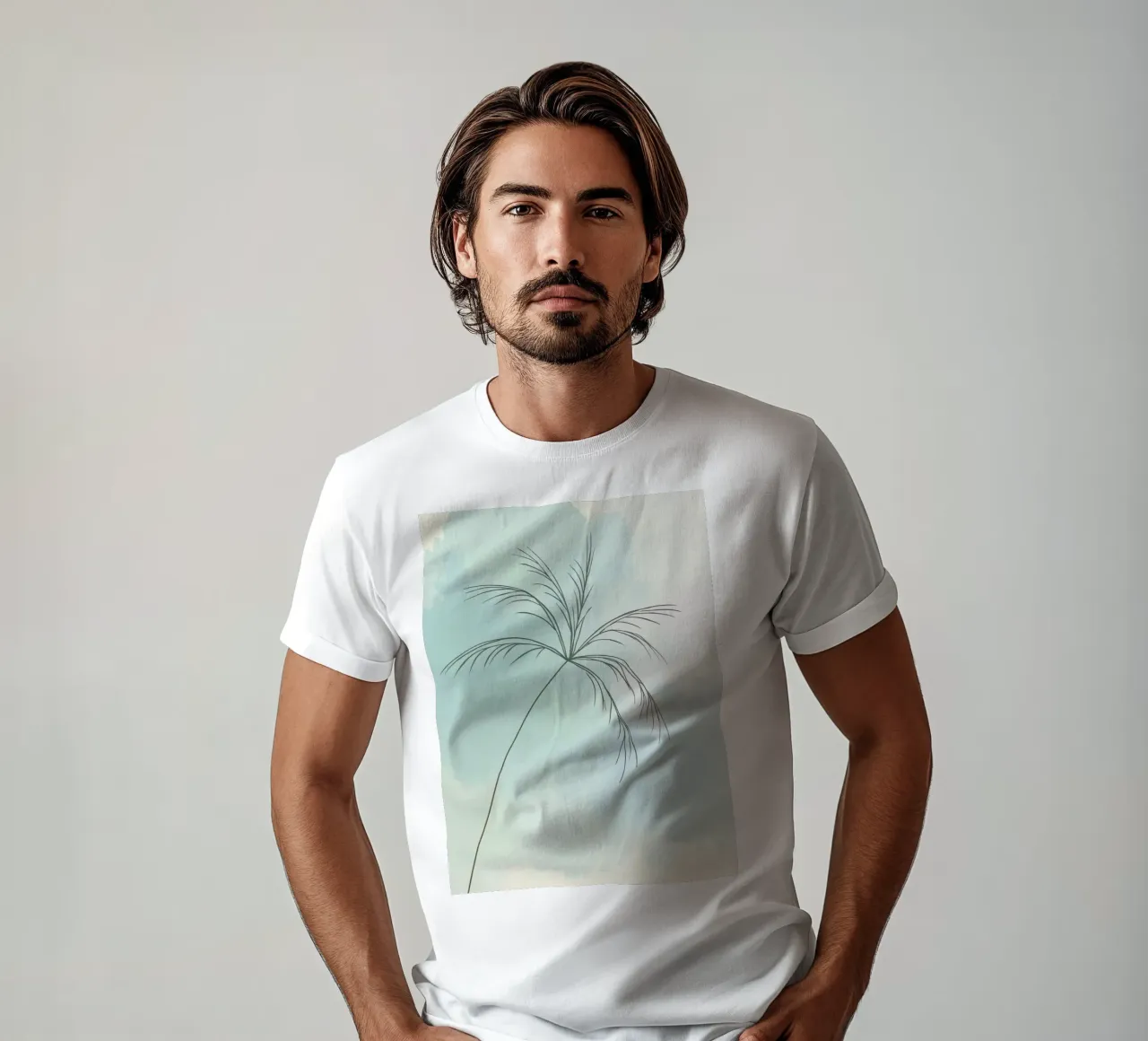 Stylized palm tree silhouette against a soft pastel backdrop t-shirt by DesignDoodle