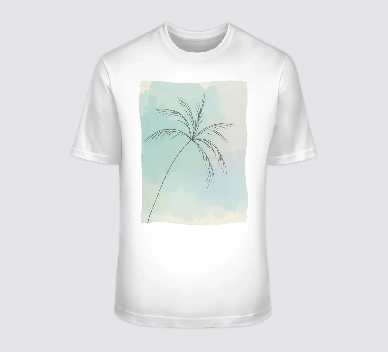 Stylized palm tree silhouette against a soft pastel backdrop t-shirt by DesignDoodle