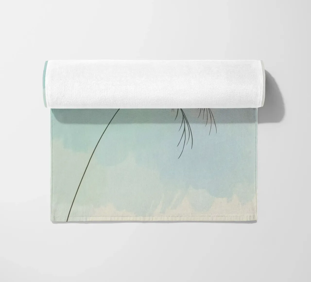 Stylized palm tree silhouette against a soft pastel backdrop beach towel by DesignDoodle