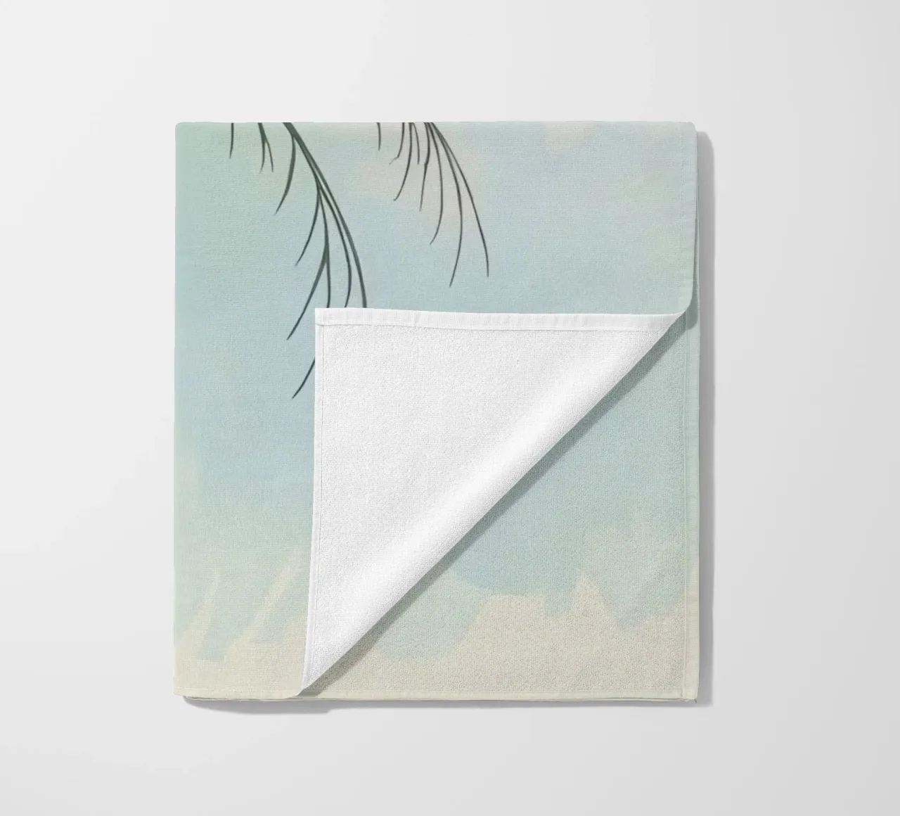 Stylized palm tree silhouette against a soft pastel backdrop beach towel by DesignDoodle